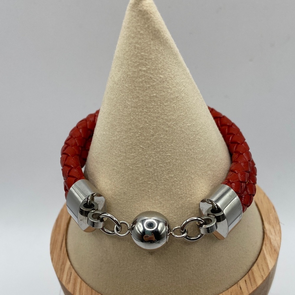 Milor Stainless Steel Double Row Braided Leather Bracelet Red 7 3/4”L